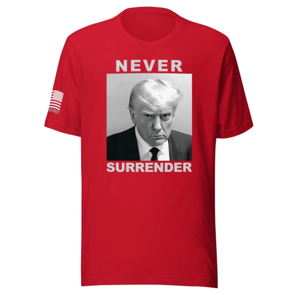 donald-trump-mug-shot–black-and-white–never-surrender-t-shirt-red