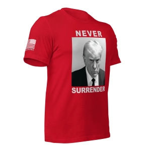 donald-trump-mug-shot–black-and-white–never-surrender-t-shirt-right-side-red