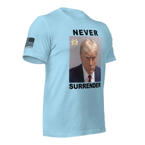 donald-trump-mug-shot–never surrender-t-shirt-ocean-blue