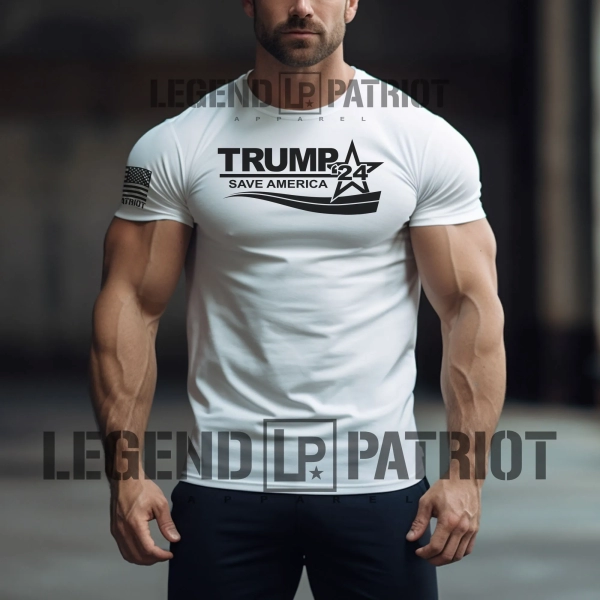 trump-2024-save-america-white-t-shirt-black-print-male-model-front_Legend-Patriot-Apparel-tees